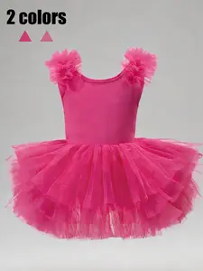 Girls' Solid Color Ballet Dance Tutu Dress, Sleeveless Contrast Mesh Vest Skirt, Elegant Performance & Playwear, All Seasons