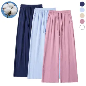 3-Pack European/American Style Pure Cotton Textured Wide-Leg Pants, Elastic Waist Drawstring Straight Casual Women’s Pants, Lightweight Breathable, Multiple Colors