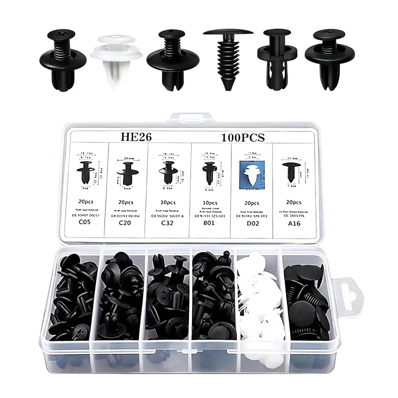100 PCS Bumper Push Fasteners Rivet Clip Kit, ABS Retainer Expansion Screws, Auto Body Panel Fasteners & Push Pin Rivets 6 Sizes Bumper Fender Flare Retainer Clips Fenders/Body Fixing Clips, Universal for Most Cars, Trucks, SUV