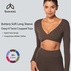 Sunzel Women's Deep V Twist Cropped Compression Long Sleeve T-Shirt - Buttery Soft, Minimalist Basic Gym Athletic Clothes for Yoga, Streetwear