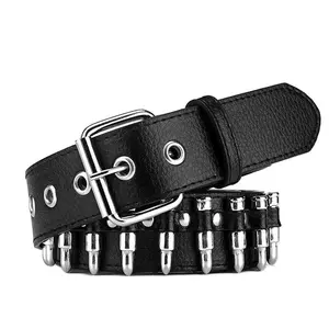 Women Men Waist Belt, Punk Bullets Rivet Studded Imitation Leather Belt, Hip Hop Rivet Belt for Jeans, Black(Sheets)