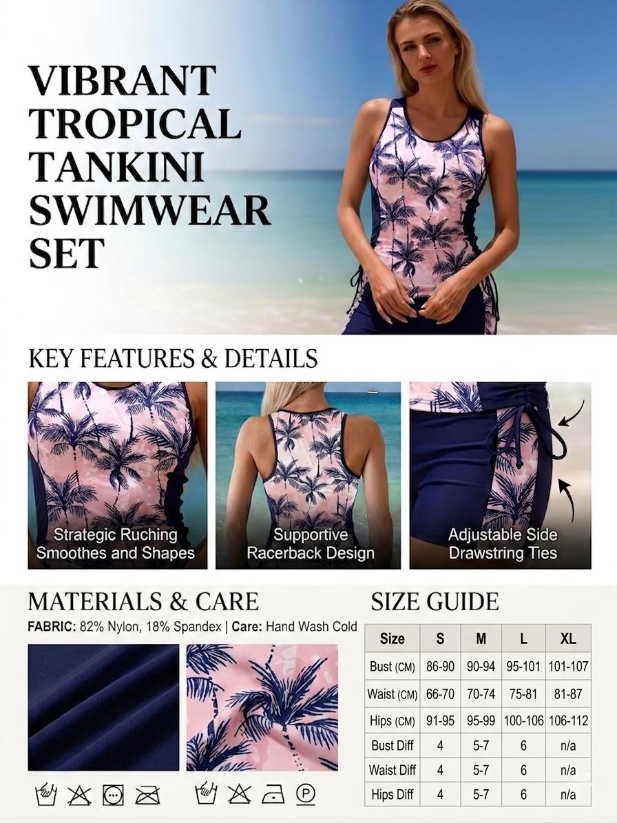 Holiswim Two Piece Tankini Set for Women Tropical Palm Tree Print Racerback Swim Top with Built-in Bra and Drawstrings Boy Shorts Bathing Suits Beach Swimwear