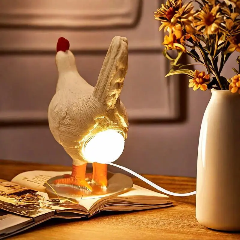 Resilient Resin Chicken Egg LED Night Light - USB Soft Warm Glowing Decorative Ambiance Lighting, Whimsical Farmhouse Room Decor Illuminated Figurine Statues, Easter Gift Chicken Statues Led Decoration