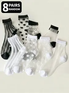 8 pairs of random women's mid-calf socks, fashionable black and white color combination, simple transparent mesh polka dot and striped Print pattern mid-calf socks, light and breathable silk socks, suitable for daily wear in spring and summer