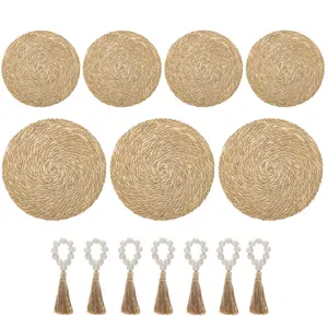7Pcs Woven Placemats Set 13.8inch Natural Water Hyacinth Round Rattan Placemats with 7Pcs Wooden Beads Napkin Rings for Kitchen Dining Table Decor - Home Improvement.