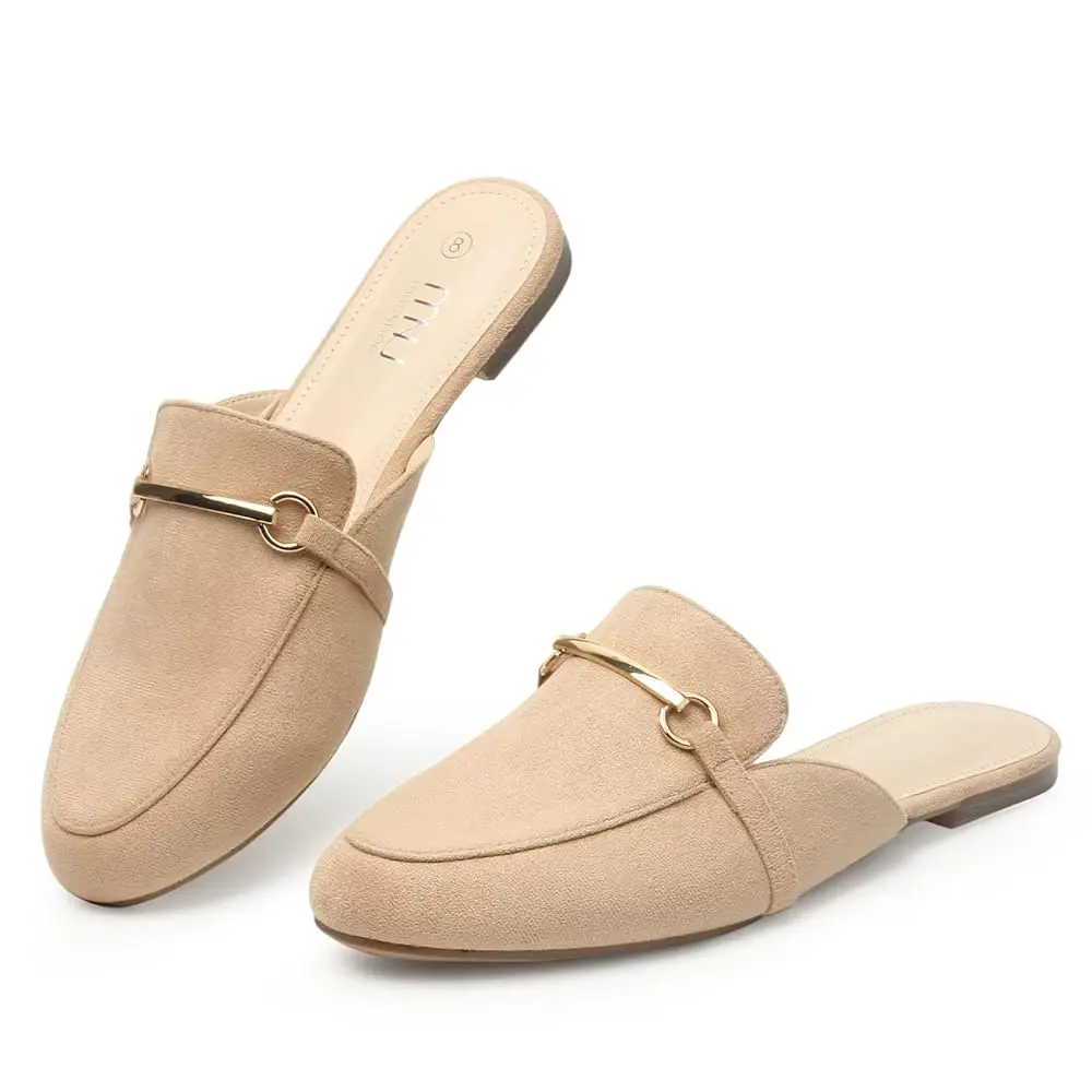 MUSSHOE Women's Suede Mules Flats Loafers - Gold Buckle, Memory Foam, Pointed Toe, Backless Slip-On Female Everyday Shoes for Office Work, Business Casual Use, Footwear, Shoes For Women, Women's Shoes