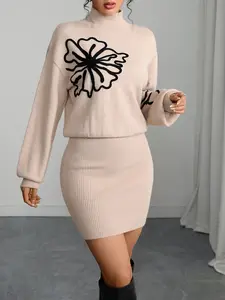 Women's Knit Dress, 3D Embroidery, High Elasticity, Elegant Fashion, Fall & Winter, Fitted, Warm Sweater Dress for Dates, Parties, Daily Wear