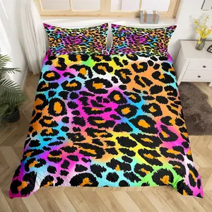 Leopard Print Duvet Cover,Neon Rainbow Mottled Exotic Panthera Skin Quilt Cover,Colorful Camouflage Safari Theme Bedspread Cover,NO Comforter, Bedroom Bedding Set, Decorative Duvet Cover