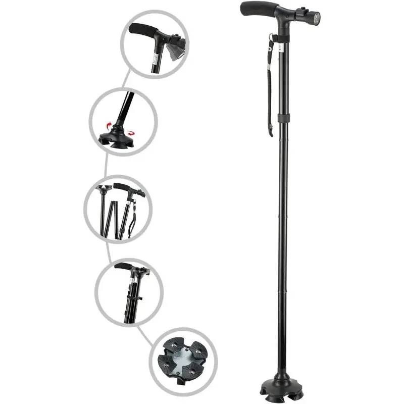 Hiking Pole LED Adjustable Folding Portable Trekking Stick with Light Ergonomic Handle Durable Metal Frame for Hiking Backpacking Camping Night Walking