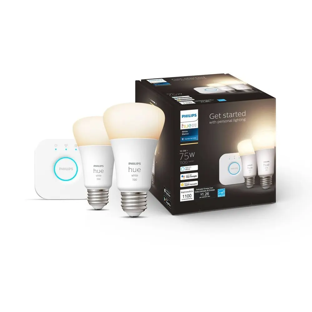 Philips Hue Smart Light Bulb Starter Kit Pack - 2pk A19 Shape Dimmable LED Bulbs with Bridge, Ideal for Hue Users, White Light