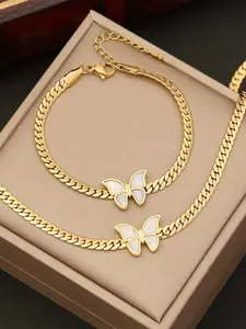 2pcs/set Fashion Butterfly Pendant Stainless Steel Necklace Bracelet Set, Elegant Jewelry for Daily Wear and Holiday Gifts, Jewellery Gift Set