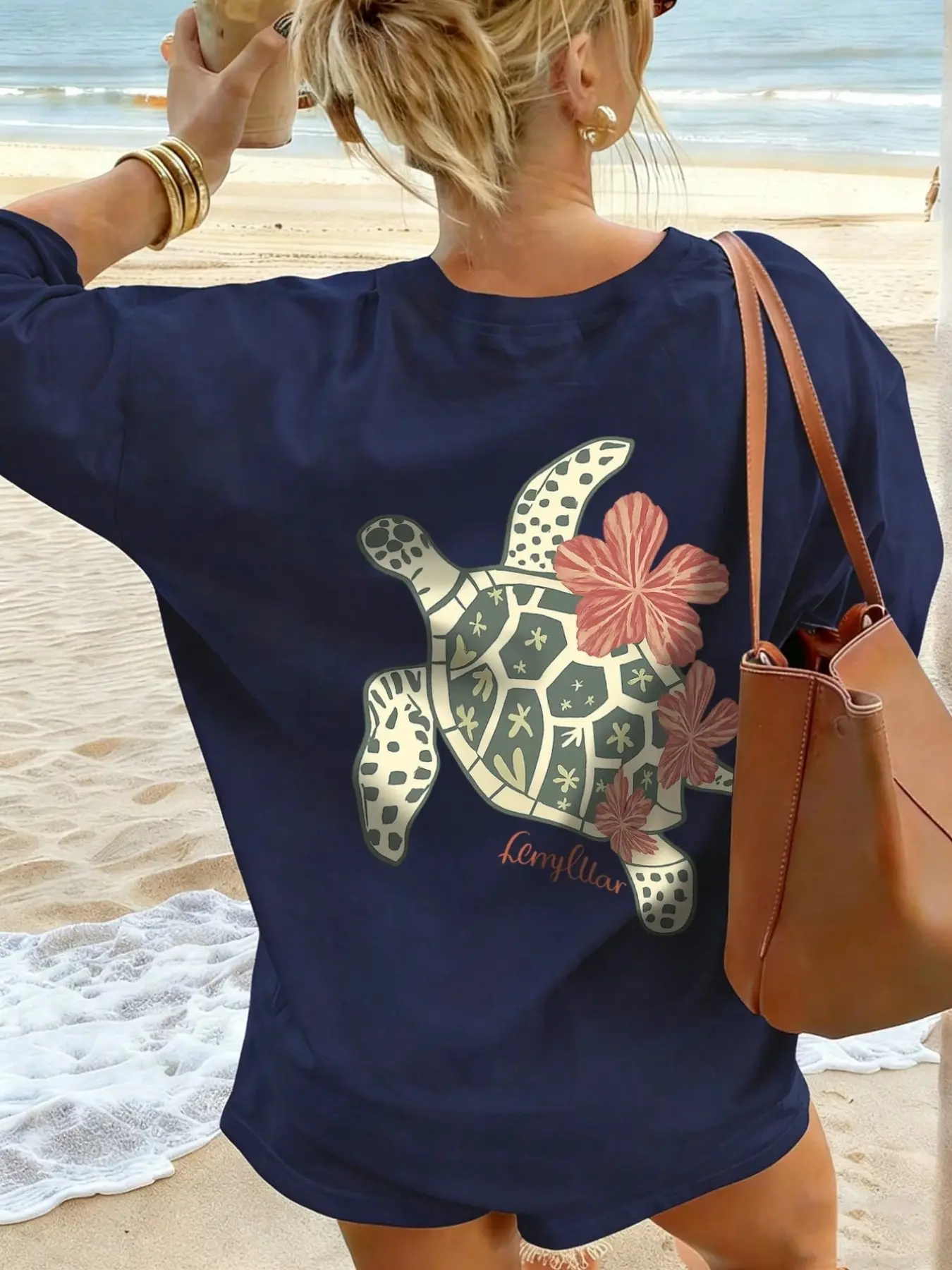 'Coastal Grandma' Cotton Beach Graphic T-Shirt, Cute Sea Turtle & Hibiscus Floral Print, Oversized Loose Fit Casual for Summer Vacation, Surf Days, Everyday & Boho Coastal Aesthetic, Back Print Tee for Women Beach Outfit & Tropical Travel Essentials