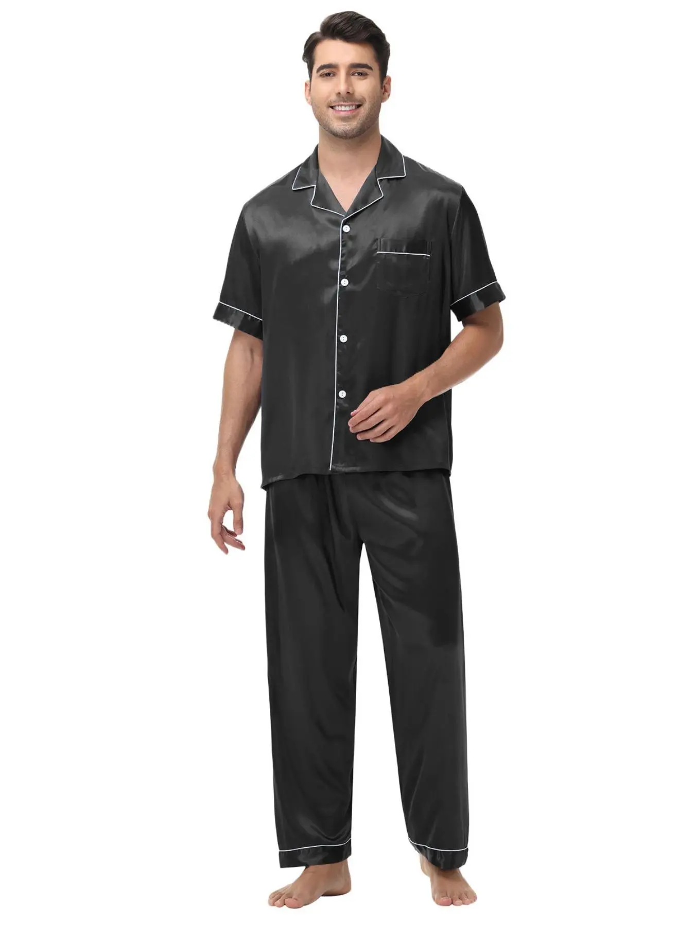 Men's Solid Button Closure Satin Pajama Two-piece Set, Regular Fit Casual Comfy Classic Short Sleeve Lapel Collar Pajama Top & Pants, Men's Sleepwear for All Seasons