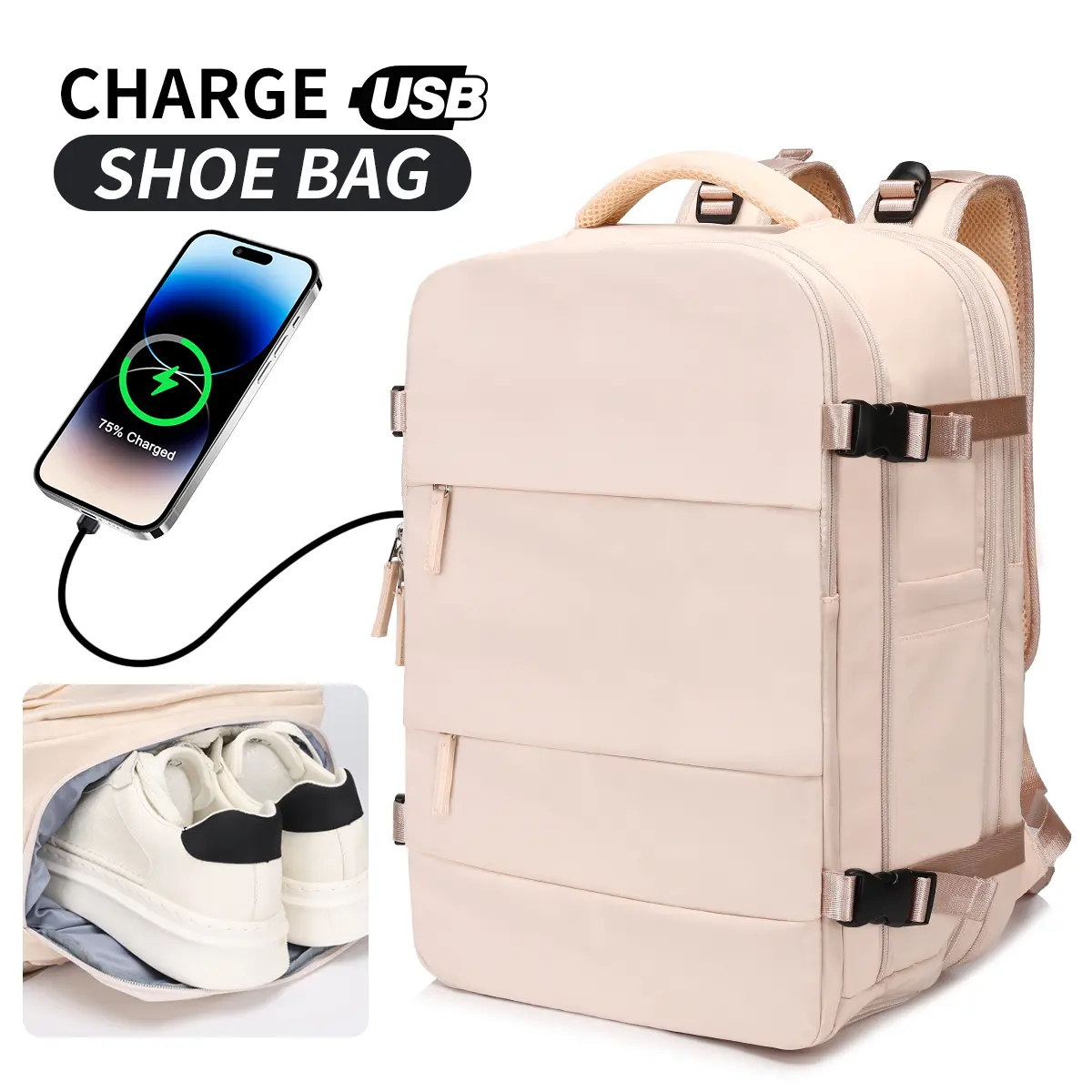 DENUONISS unisex backpack—waterproof, shock-absorbing, multi-compartment travel pack that fits a 16-inch laptop, includes a shoe compartment and USB port; adjustable multi-compartment design suitable for various settings.