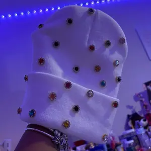 White Bedazzled Beanie with Colorful Beads, Decorative Detailing, and Fluffy Fit