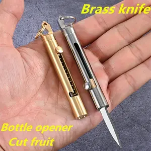 Mini Brass Push-Pull Knife Keychain, Sharp Camping Hiking Outdoor Fishing Tool, Bottle Opener, Daily Carry Pocket Knife, Durable & Portable Design