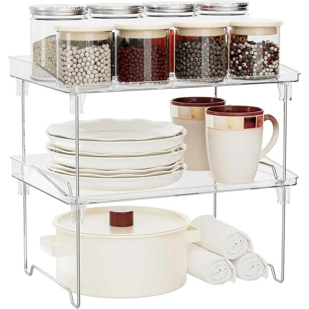 2 Piece Cabinet Storage Rack, Stackable Kitchen Counter Shelf, Spice Rack, Countertop Organizer, Transparent Plastic Storage Rack