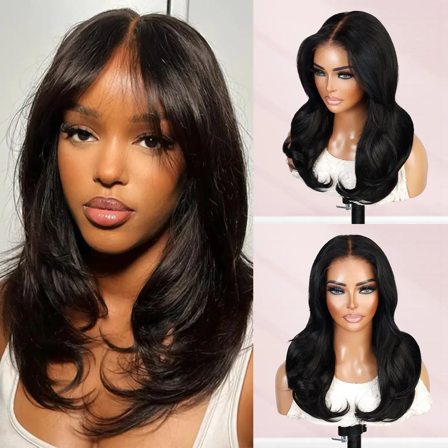 AliHairs Glueless Human Hair Wig, 16 Inch Layered Blow-Out Style with Curtain Bangs, Pre-Cut Brazilian 7x5 Lace Closure, 180% Density, Lace Closure Wig, Human Hair Wave, Wigs Human Hair, Glueless Wigs