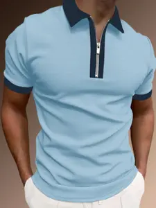 Men's Summer Color-Block Short-Sleeve Polo Shirt - Casual Sporty Collared Half-Zip