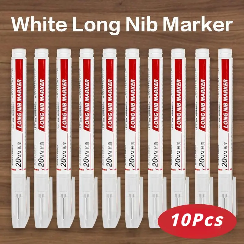 10-Pc White Decorative Long Nib Pen Set Pack, 20mm Tip Deep Reach Markers with Plastic Body, Quick-Dry, Waterproof, Clog-Free Office Stationery for Construction, Drill Hole Surfaces, Bookshelves