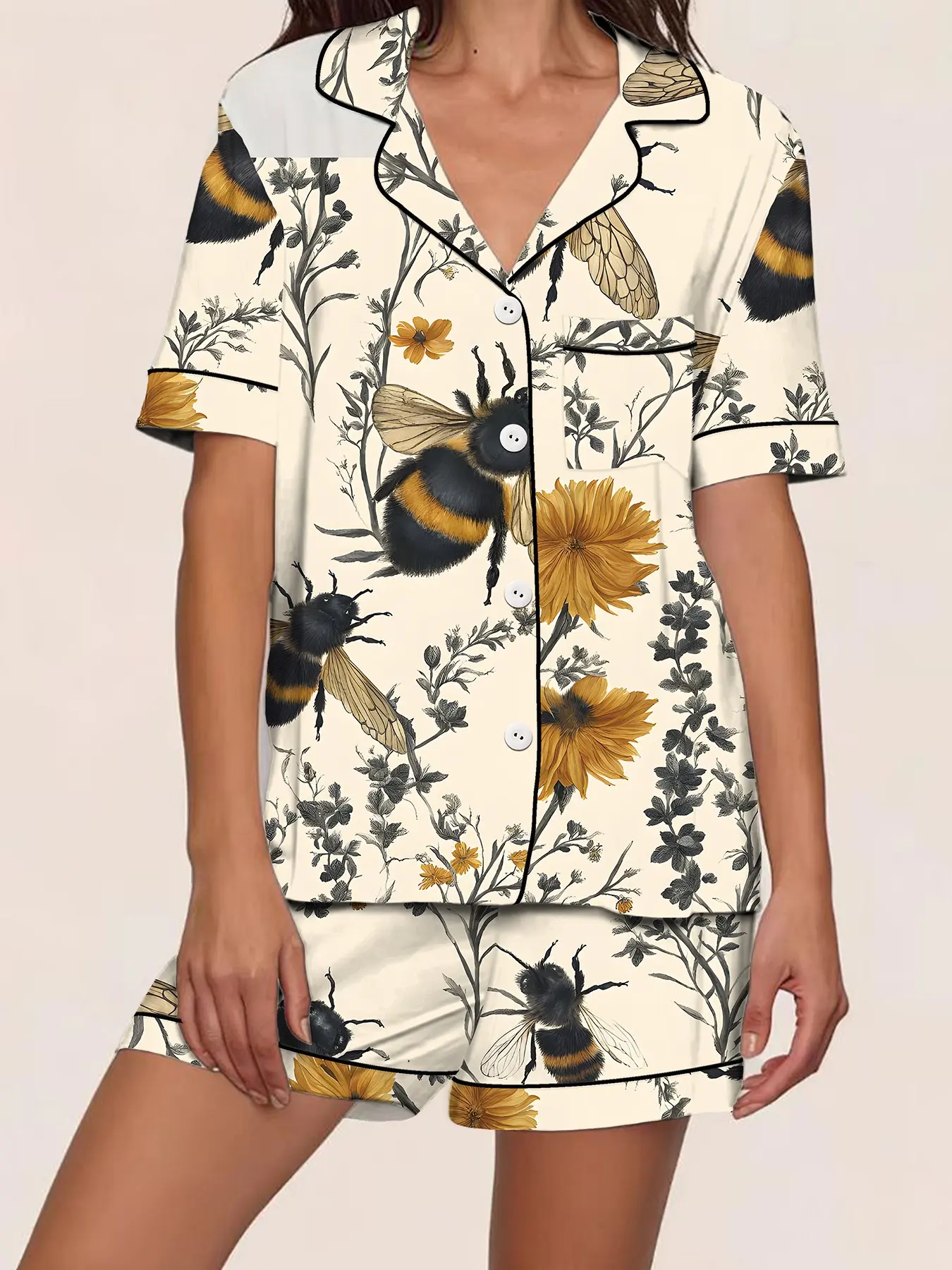 Women's Spring Summer Sleepwear Set, Open Front Lapel Short Sleeve Shorts Two-Piece Home Wear, Bee Wildflower Floral Print, Homewear, Pajama Lounge Set