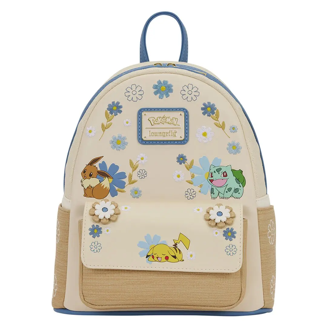 Loungefly Pokémon Floral Embroidered Collectible Faux Leather Mini Backpack - Rattan Accent, Graphic, Adjustable Strap, 9in W x 10in H x 4.5in D, Lightweight Functional Luggage for Casual Wear, Training, Embroidery, Adventure, Hand Wash Only, Adults, Coll