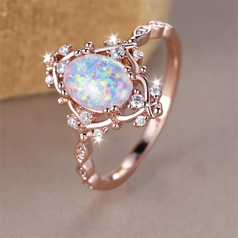 Exquisite Bridal Jewelry for Ladies, Synthetic Opal Gemstone with Heart Cluster Design, Metal Coating Finish for Wedding or Anniversary, Rings For Women, Cluster Rings, Opal Center, Exquisite Opal