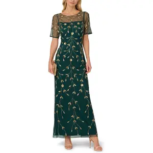 Adrianna Papell Bead Sheer Mesh Floral Motif Overlay Illusion Boat Neckline Short Sleeves V-Back Zipper Closure Hem Back Slit Sheath Maxi Dress