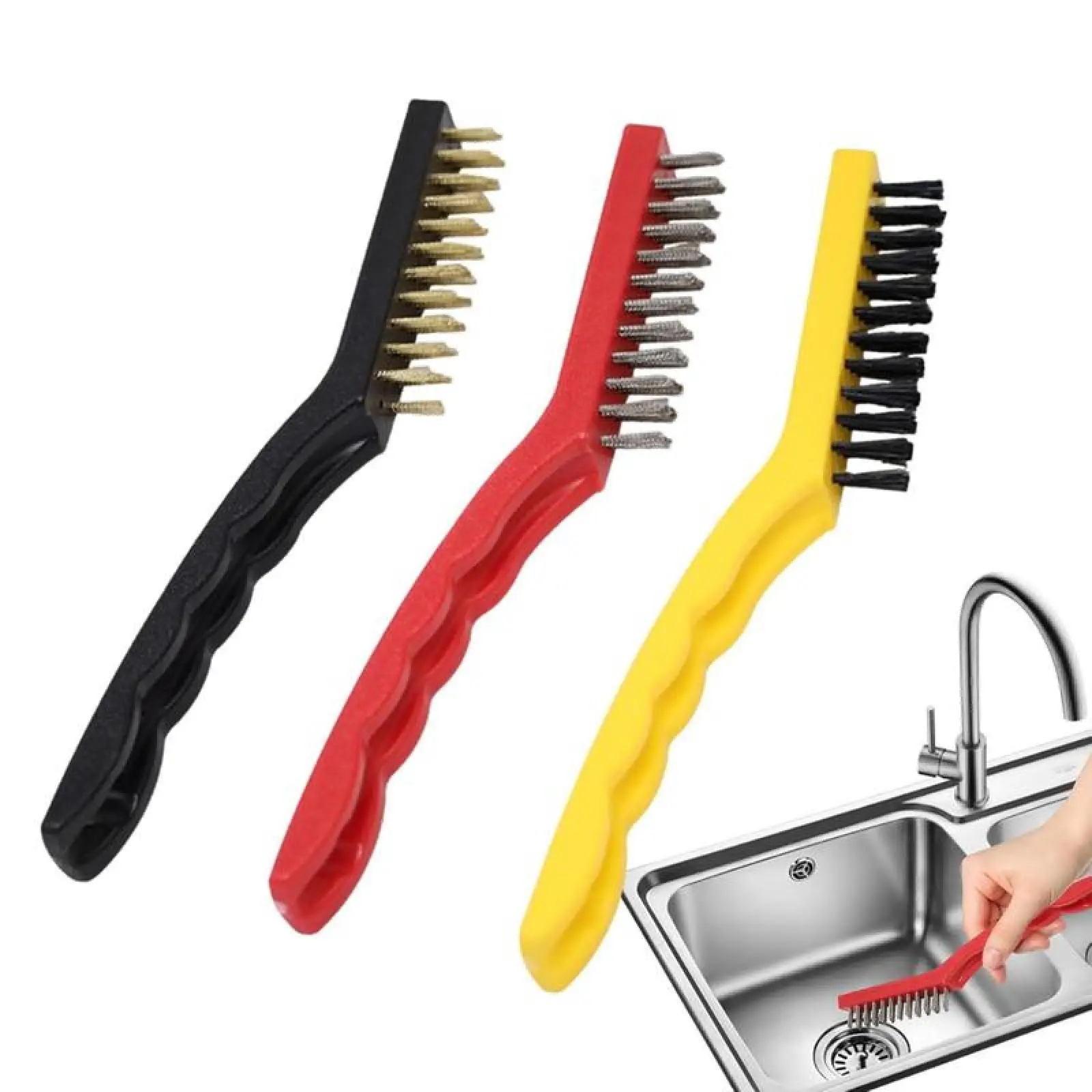 3-Count Multifunctional Wire Brush Scrubber Cleaning Set - Stiff Bristles, Nylon Bristles, Comfortable Ergonomic Easy-Grip Handle, Reusable Removable Washable Household Items for Sink Stain Removal (Home Care Supplies)