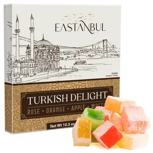 Eastanbul Turkish Delight Assorted Mediterranean Flavors (Rose, Orange, Apple, Pomegranate, Mastic), 10.5oz Lokum Candy, Nut-Free Vegan Gluten-Free Dessert Gift Box | Mother’s Day Gift