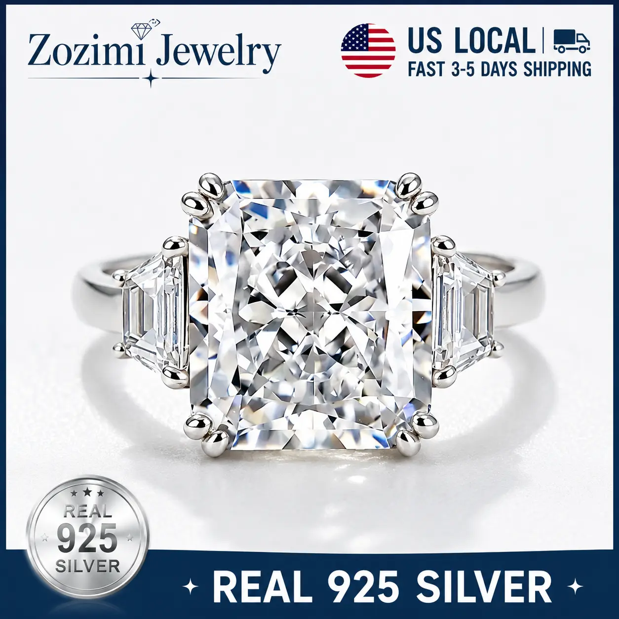 Women's S925 Sterling Silver 12CT Radiant Cut Engagement Ring - Luxury 5A Cubic Zirconia 3-Stone Bridal Jewelry for Women, Bridal Rings