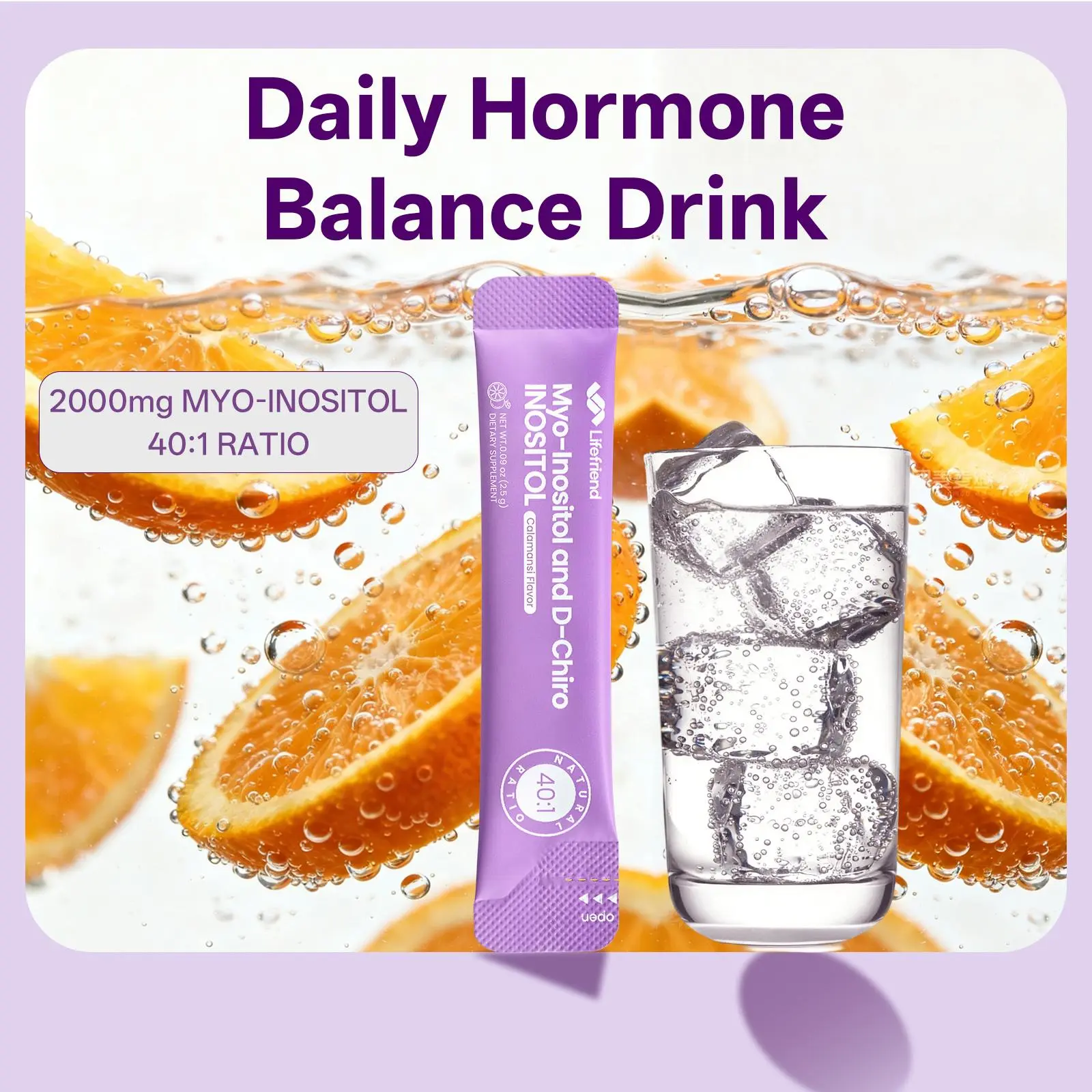 Lifefriend Feminine Balance Vitamin Supplement Drink for Women - 7 Stick Packs Convenient Inositol Powder Mix, 2000mg Myo-Inositol + D-Chiro 40:1 Ratio, Cycle Support, Calamansi Flavor, Drink Vitamins Supplements, Feminine Balance Vitamins Supplements