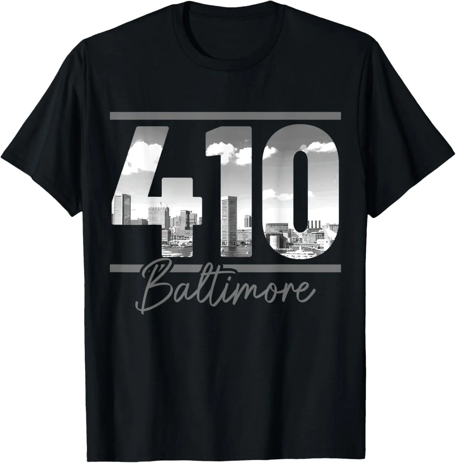 Women's 100% Cotton 410 Area Code Baltimore Maryland Skyline Vintage Short-Sleeve Round Neck Distressed T-Shirt - Everyday Style Casual Streetwear Womenswear Top