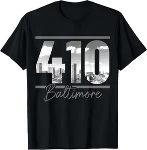 100%cotton Baltimore 410 Area Code Skyline Maryland Vintage T-Shirt Menswear Top
