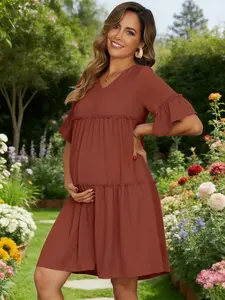 INSPIRE CHIC Women's Maternity Dress Babydoll Bohemian Tiered Ruffled Bell Sleeve Casual V Neck Boho Pregnancy Dresses