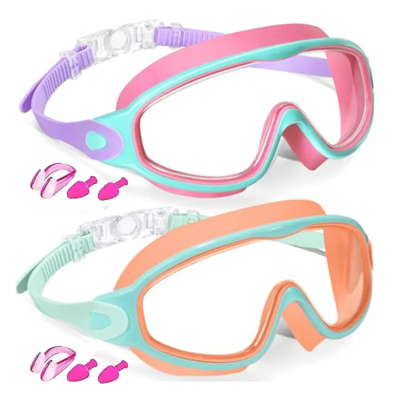 Kids Swim Goggles 2 Pack Anti-Fog UV Protection Leak Proof Swimming Goggles with Ear Plugs Nose Clip