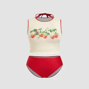 Cider Halter Knotted Full Coverage Bikini Set With Cover Up Strawberry Top Curve & Plus SwimWeek