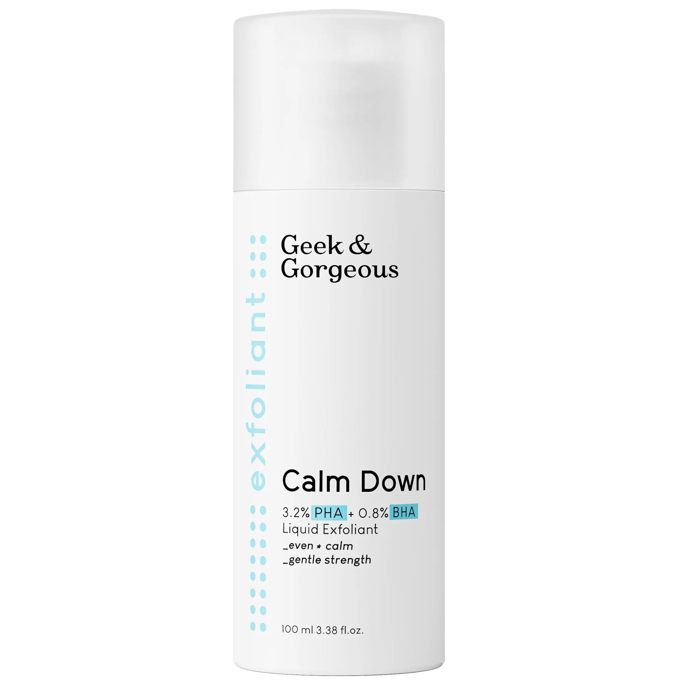 GEEK & GORGEOUS Calm Down Gentle Exfoliating Solution - 3.2% PHA + 0.8% BHA, Hydrating Smooth Facial Peeling, Clogged Pores Solution, Skin Detox for Sensitive Skin - Pregnancy-Safe, Cruelty-Free, Fragrance-Free - 100ml, Dull Skin