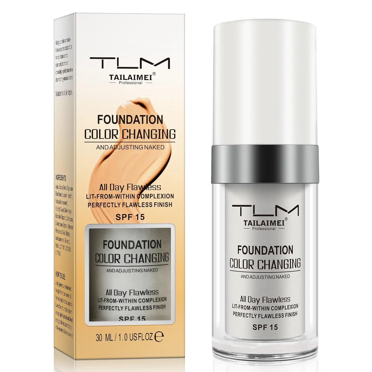 30ML Flawless Color Changing Foundation – Moisturizing Warm Skin Tone Liquid Makeup, Long-Lasting Waterproof, Poreless Finish with SPF 15