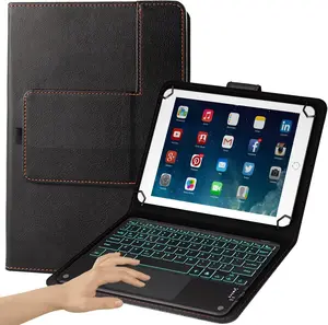 TouchPad Keyboard case for 9",9.7",10.1",10.2",10.5",10.9",11" Tablets,2-in-1   Keyboard with Touchpad,7 Colors Backlit & Leather Folio Cover(Black)