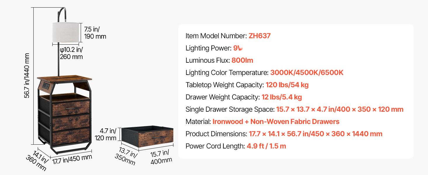 Floor Lamp With Table, 2-Tier End Table With 3 Drawers And 3 Color Temperature Lighting, Modern Nightstand And Bedside Desk With USB, Type-C And AC Charging Port For Living Room, Bedroom Or Dorm