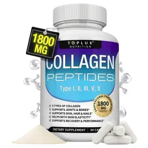 Toplux Nutrition Collagen Peptides 5 Types Complex 1800mg US Made Dietary Supplement for Health Beauty Fitness 90 Capsules-3Tp Vitamin Edible