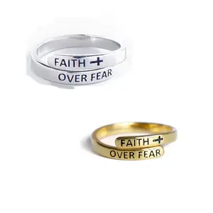 Cross English faith overcome fear letter opening adjustable ring unisex golden and silver jewelry