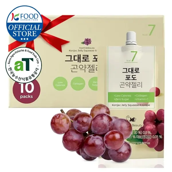 Korean Food Low Calories Squeeze Konjac Jelly Grape Flavor, Fish Collagen, Vitamin, Zero Sugar, Chewier Texture, Health&Beauty (Net WT 5.07 oz, Pack of 10)