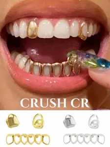 CRUSH CR 3pcs Copper 18K Gold Plated Open Face Hollow Single/Multi-Tooth Grillz, Gold/Silver Options, Unisex Hip-Hop Tooth Jewelry For Black Women, Girls & Men, Suitable For Parties, Street Fashion & Daily Wear