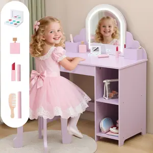 Girls Vanity with Wooden Makeup Playset & Mirror & Stool,Kids Vanity Makeup Desk,Adjustable LED Light, Storage Drawer & Shelves, for Girls 3-9