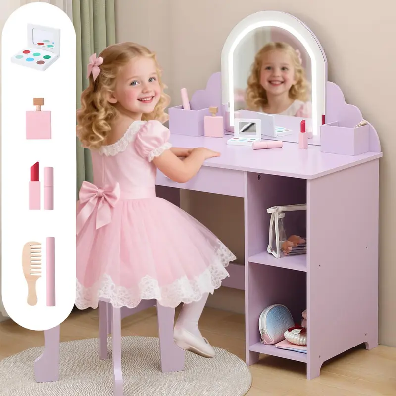 Girls Vanity with Wooden Makeup Playset & Mirror & Stool,Kids Vanity Makeup Desk,Adjustable LED Light, Storage Drawer & Shelves, for Girls 3-9