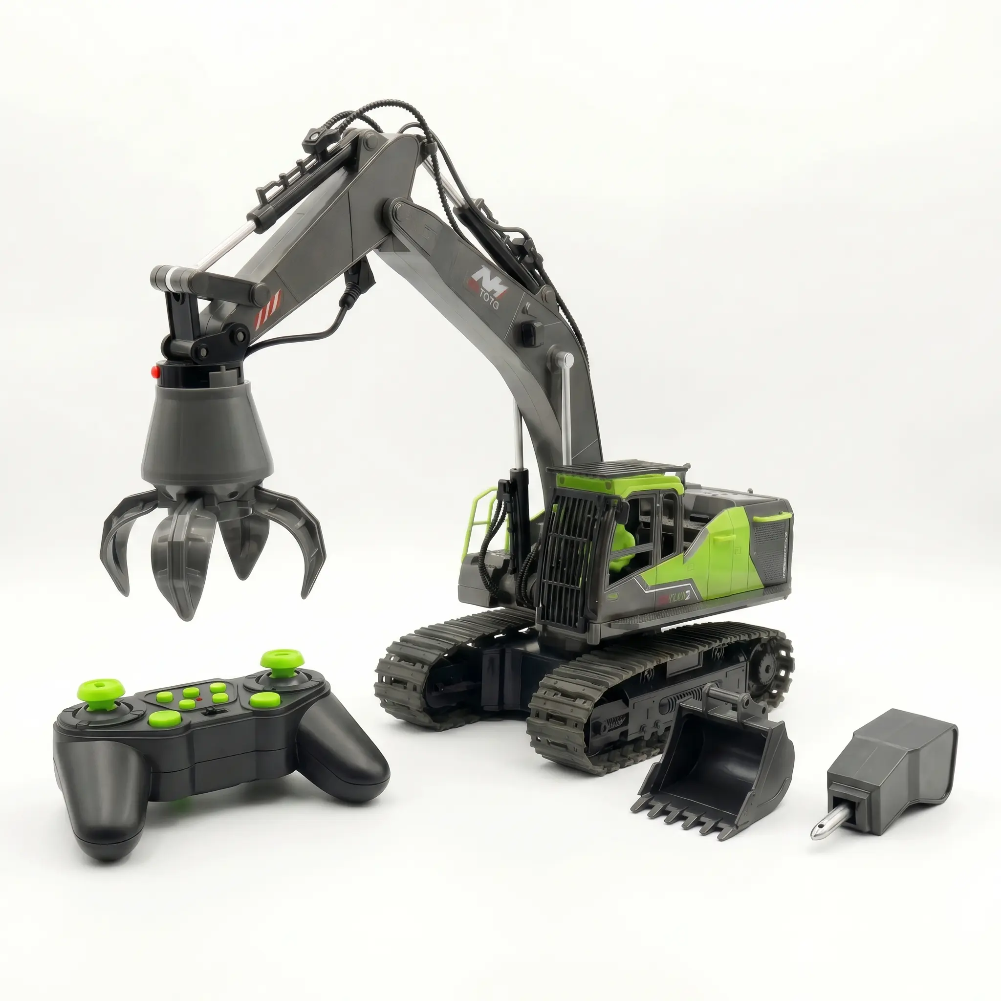 Heavy Alloy 3-in-1 RC Excavator Toy, 1:24 2.4GHz Rechargeable Radio-Controlled Lorry with Smoke, Drill, Metal Bucket & Grabber Claw, Outdoor Play Heavy-Duty Sandbox Digger Tractor, Birthday/Holiday Gift for 4-12 Year Old Boys, Rechargeable Remote Control
