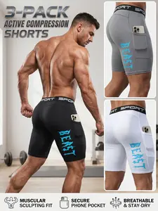 Men's 3-Pack Active Compression Shorts with Side Phone Pocket - Muscular Sculpting Fit Gym Spandex Shorts, Breathable Stay-Dry Performance Workout Running Tights Set summergarden