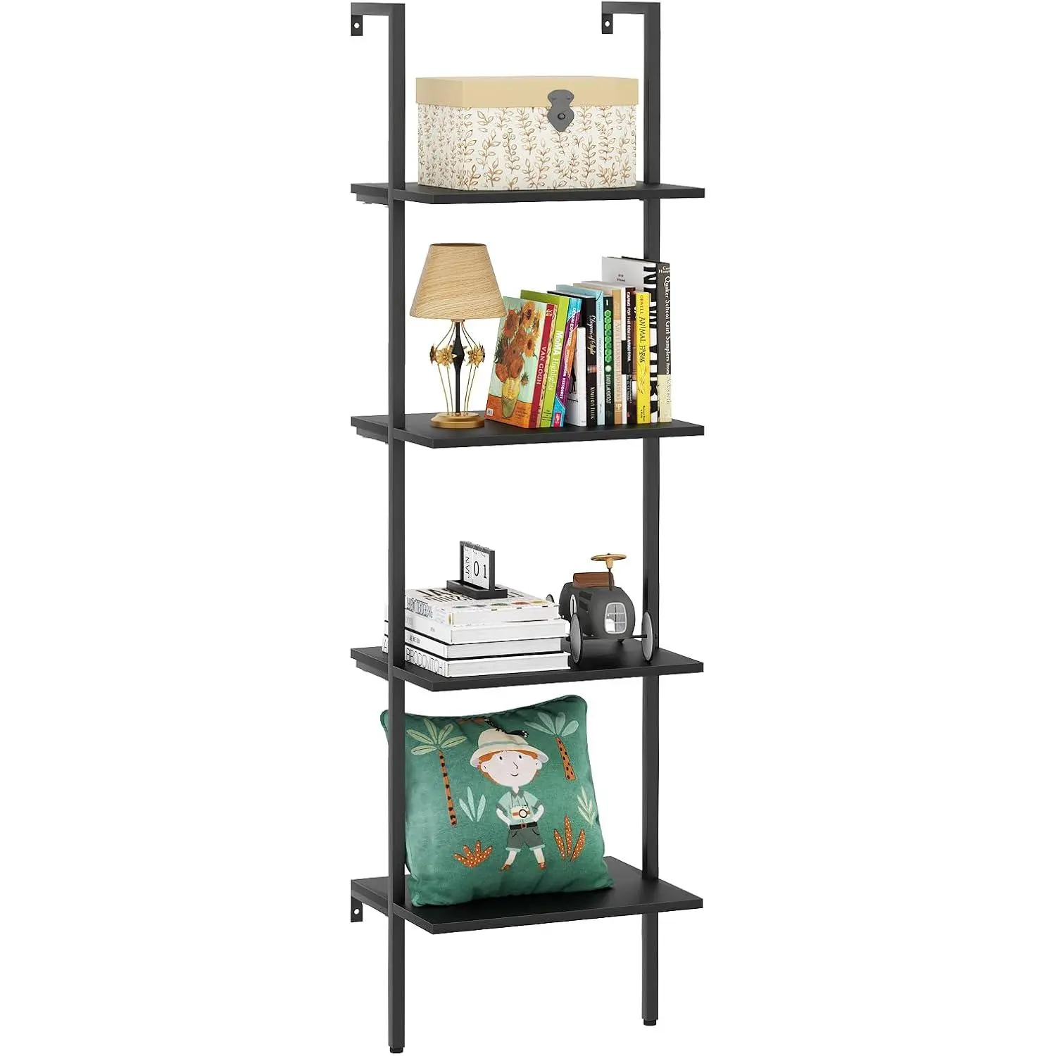 4-Tier Industrial Metal Frame Ladder Shelf, Black Wooden Wall Mount Open Storage Rack, Space-Saving Display Shelf for Home Office Bedroom